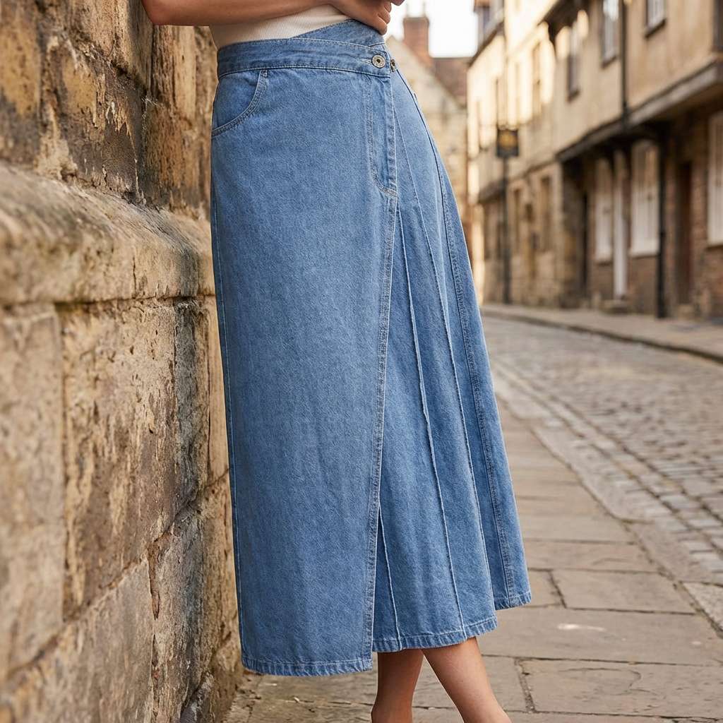 Women's High-Waisted Denim Skirt with Front Slit
