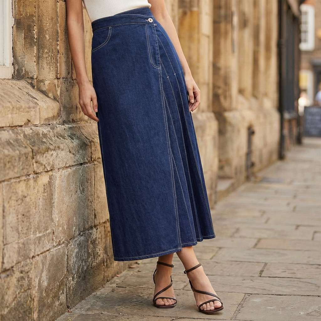 Women's High-Waisted Denim Skirt with Front Slit