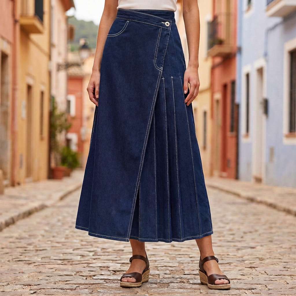 Women's High-Waisted Denim Skirt with Front Slit