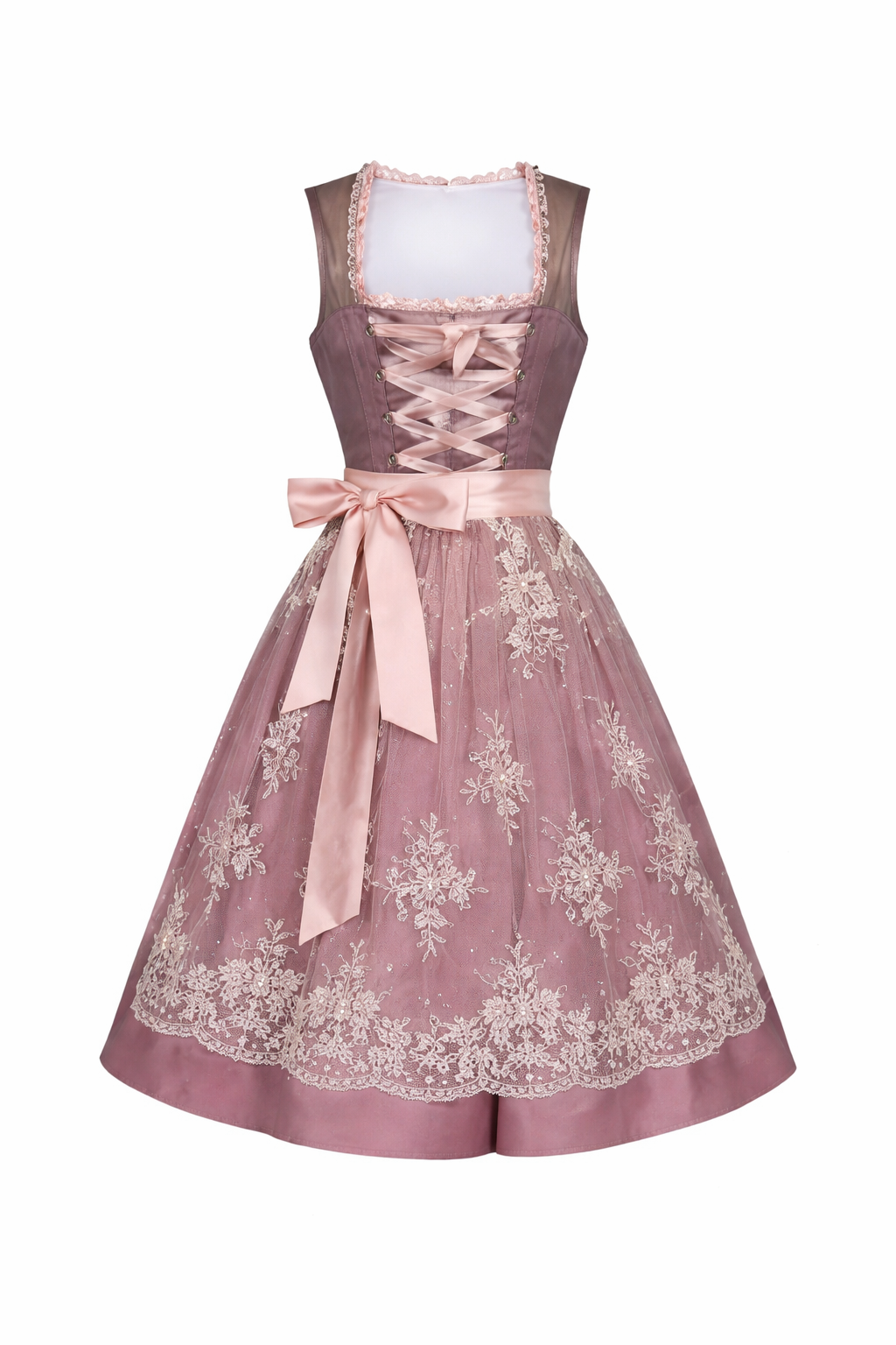 Women's Dirndl Dress with Stand Collar, Front Lacing and Lace Trim.