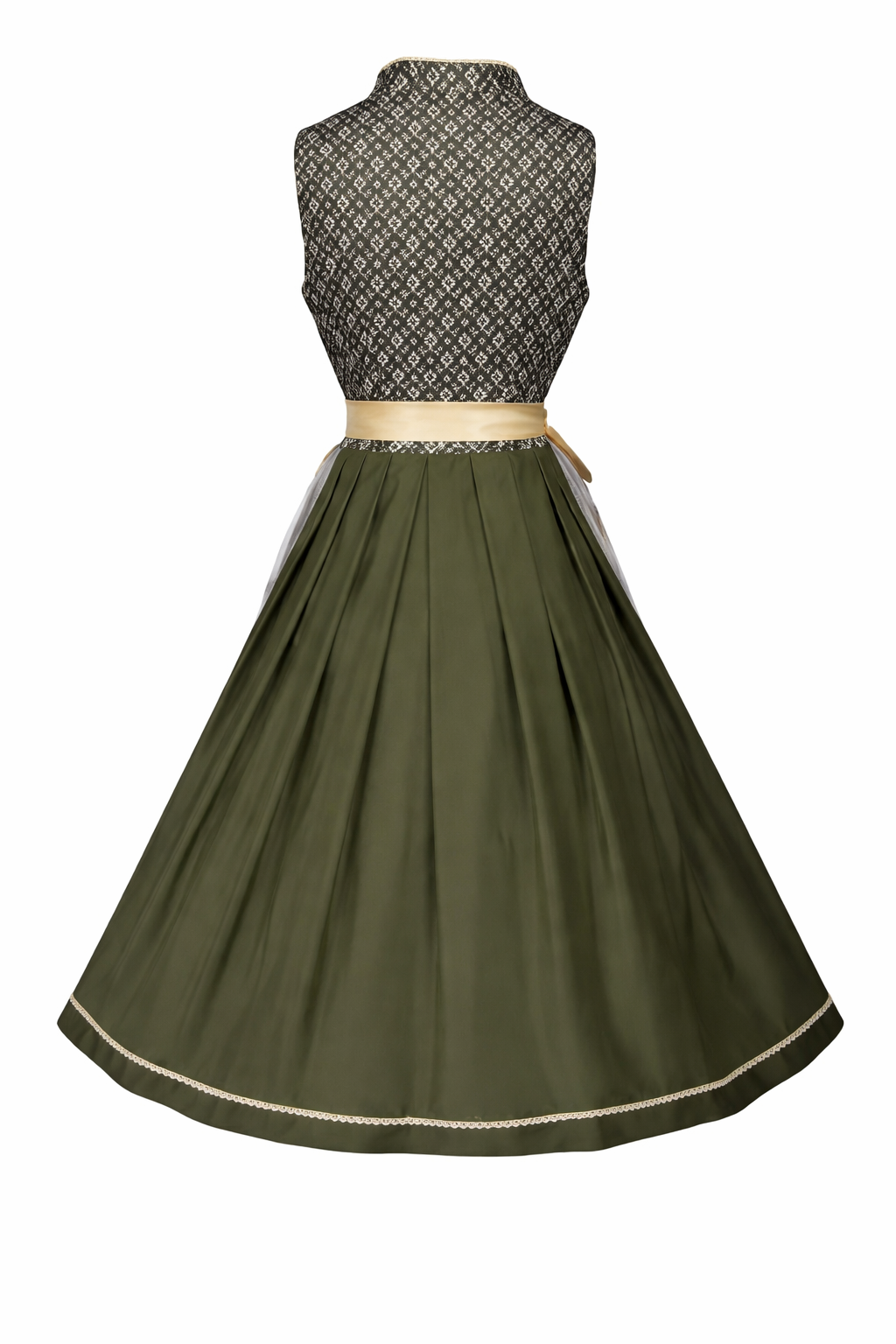 Women's Dirndl Dress with Stand Collar, Front Lacing and Lace Trim.
