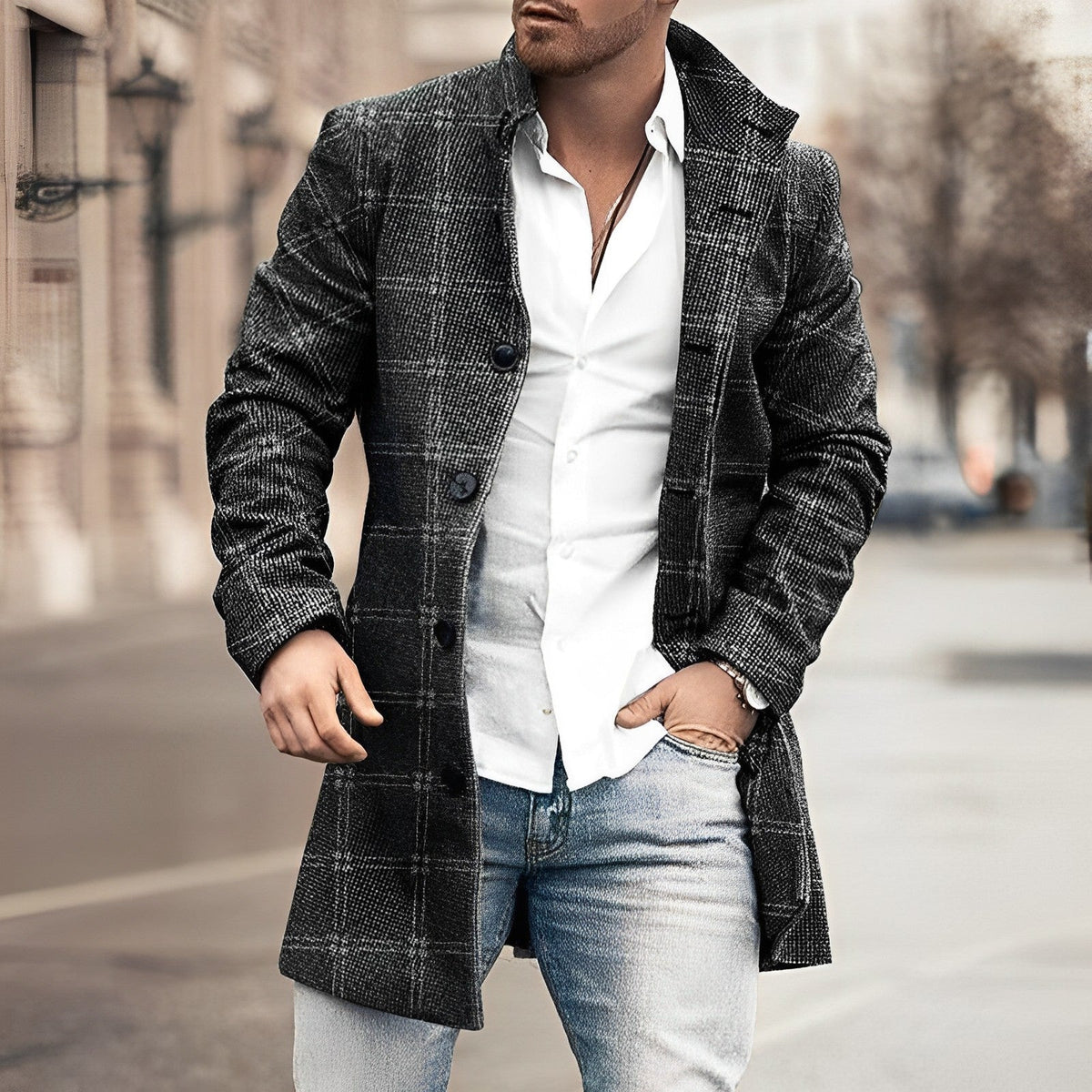 Men's Houndstooth Checkered Long Coat