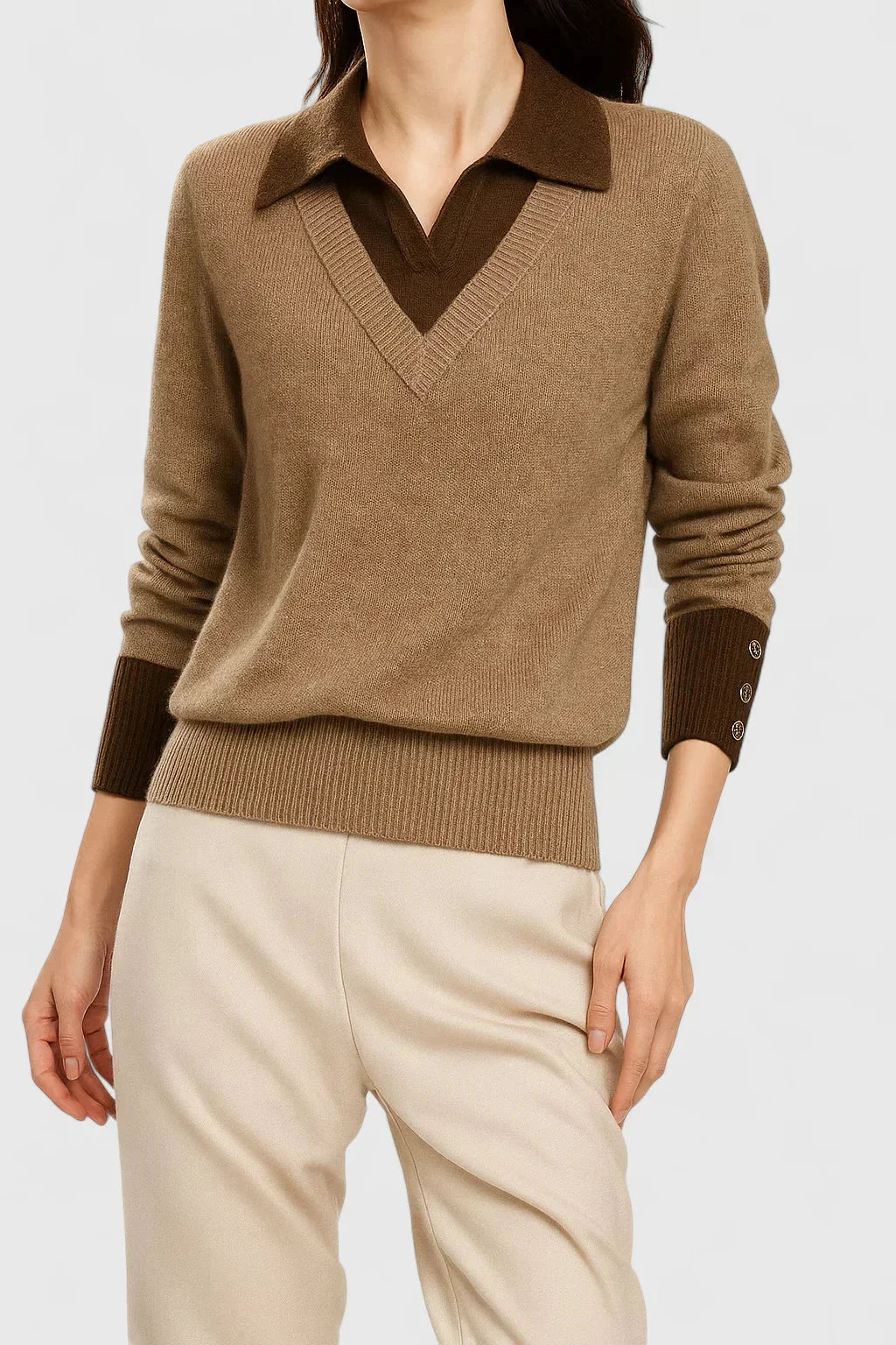 Women's knit v-neck jumper with button detail on cuffs