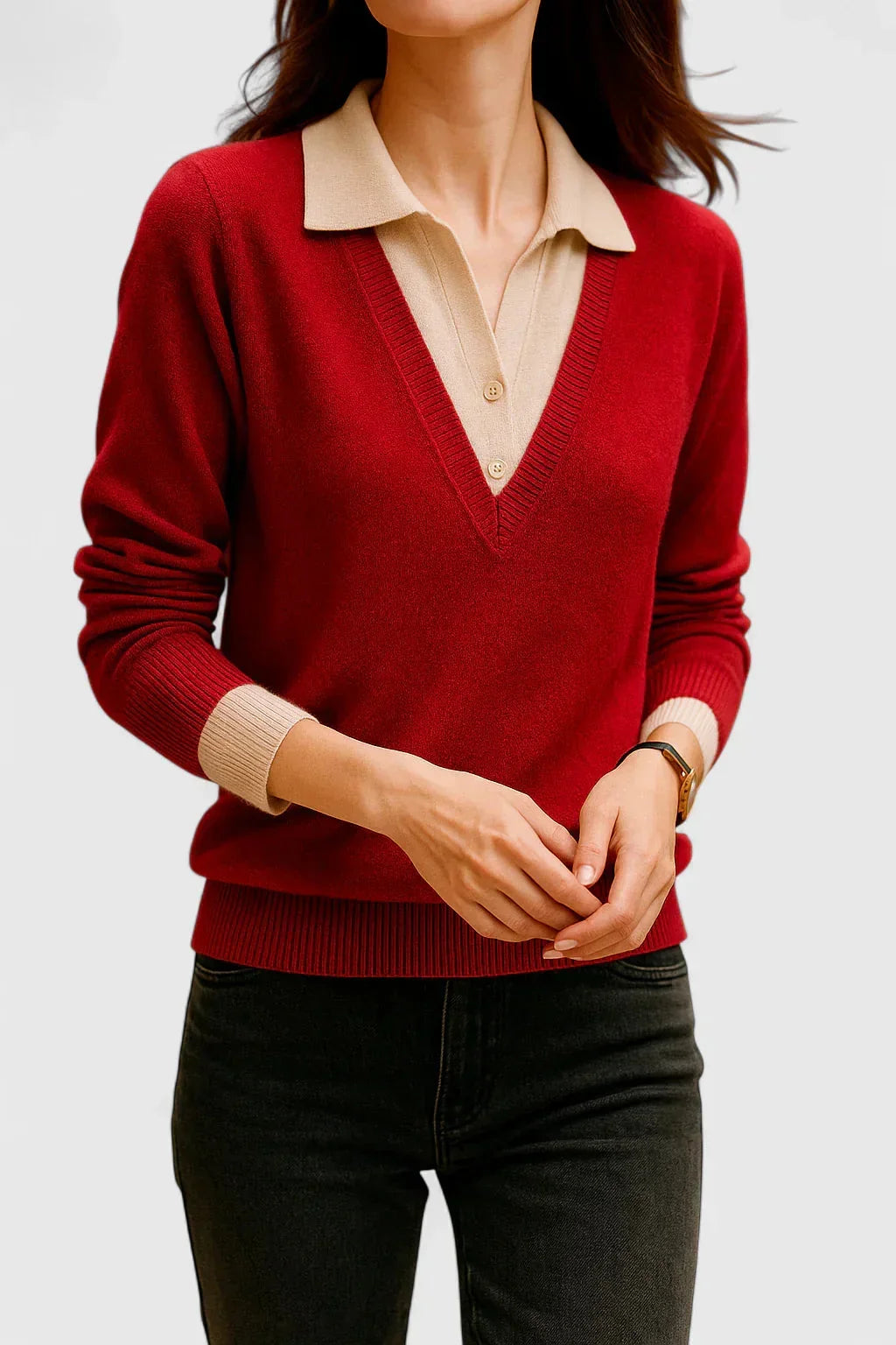 Women's knit v-neck jumper with button detail on cuffs