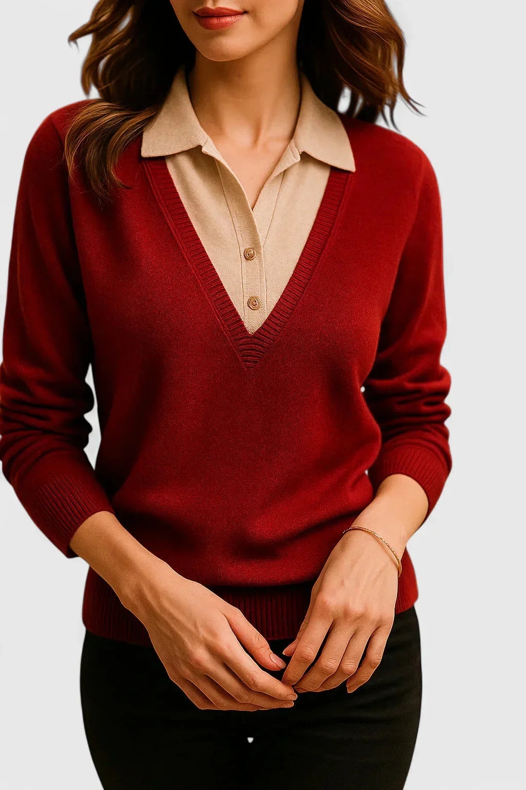 Women's knit v-neck jumper with button detail on cuffs