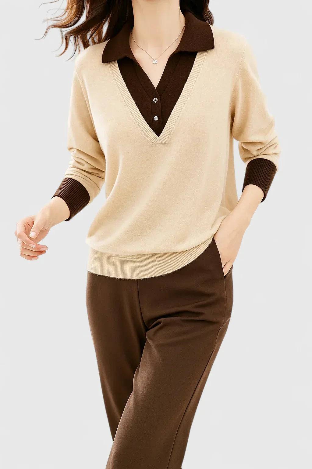 Women's knit v-neck jumper with button detail on cuffs