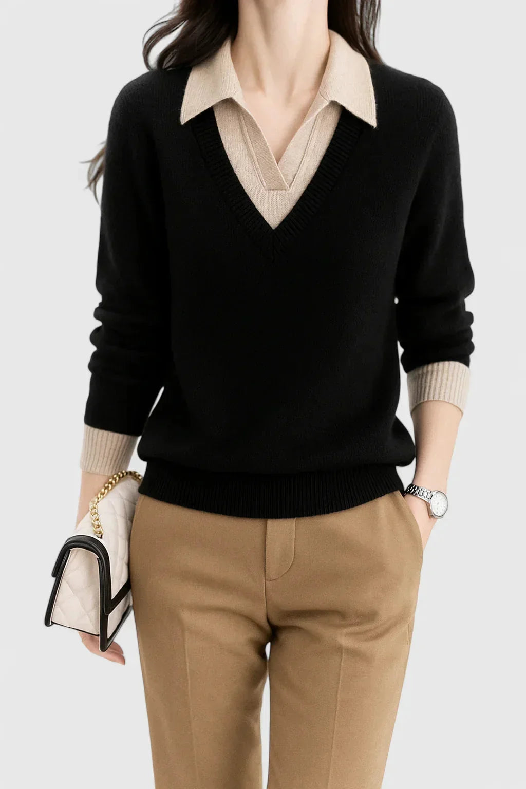 Women's knit v-neck jumper with button detail on cuffs