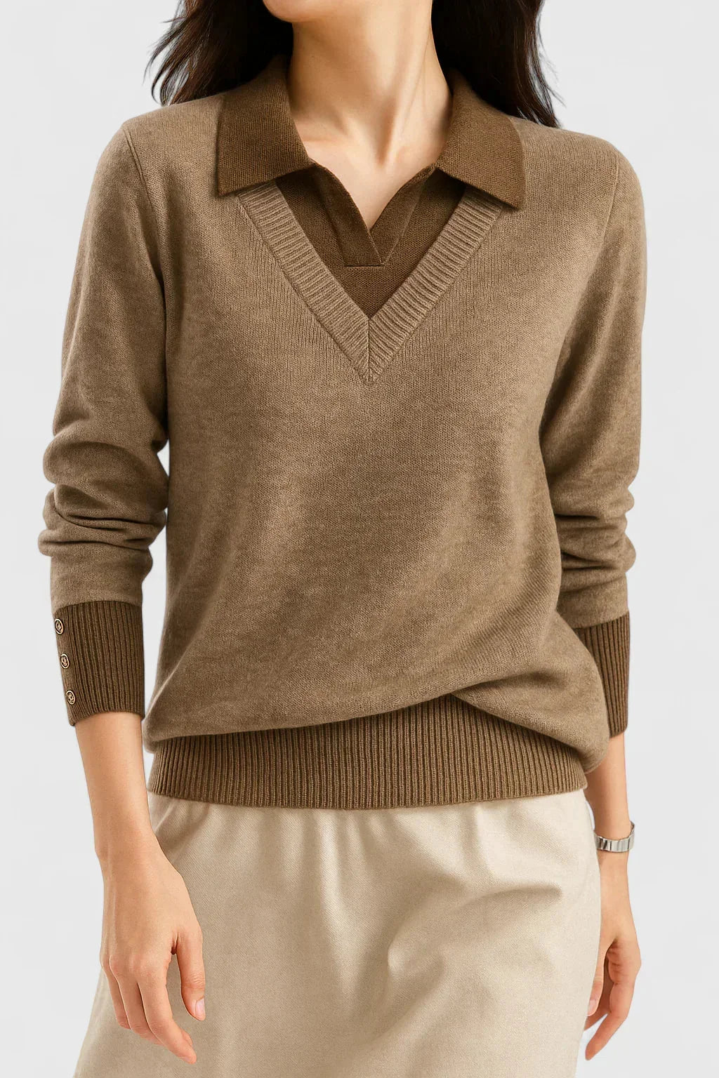 Women's knit v-neck jumper with button detail on cuffs
