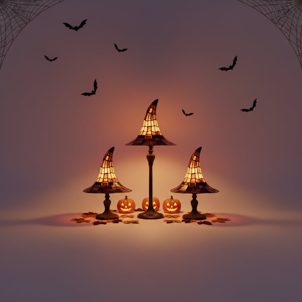 Halloween Witch Hat Art Glass Table Lamp with Stained Shade and Bronze Base