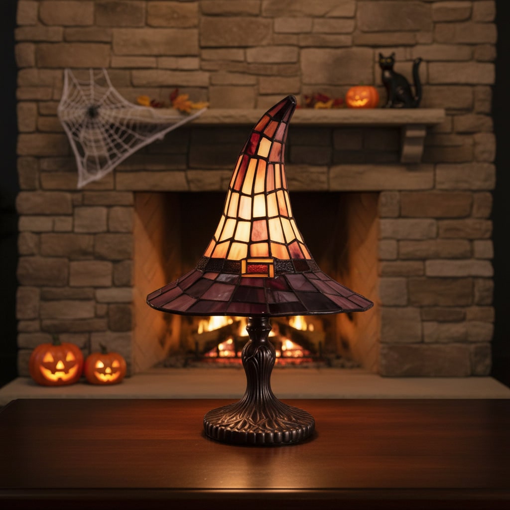 Halloween Witch Hat Art Glass Table Lamp with Stained Shade and Bronze Base