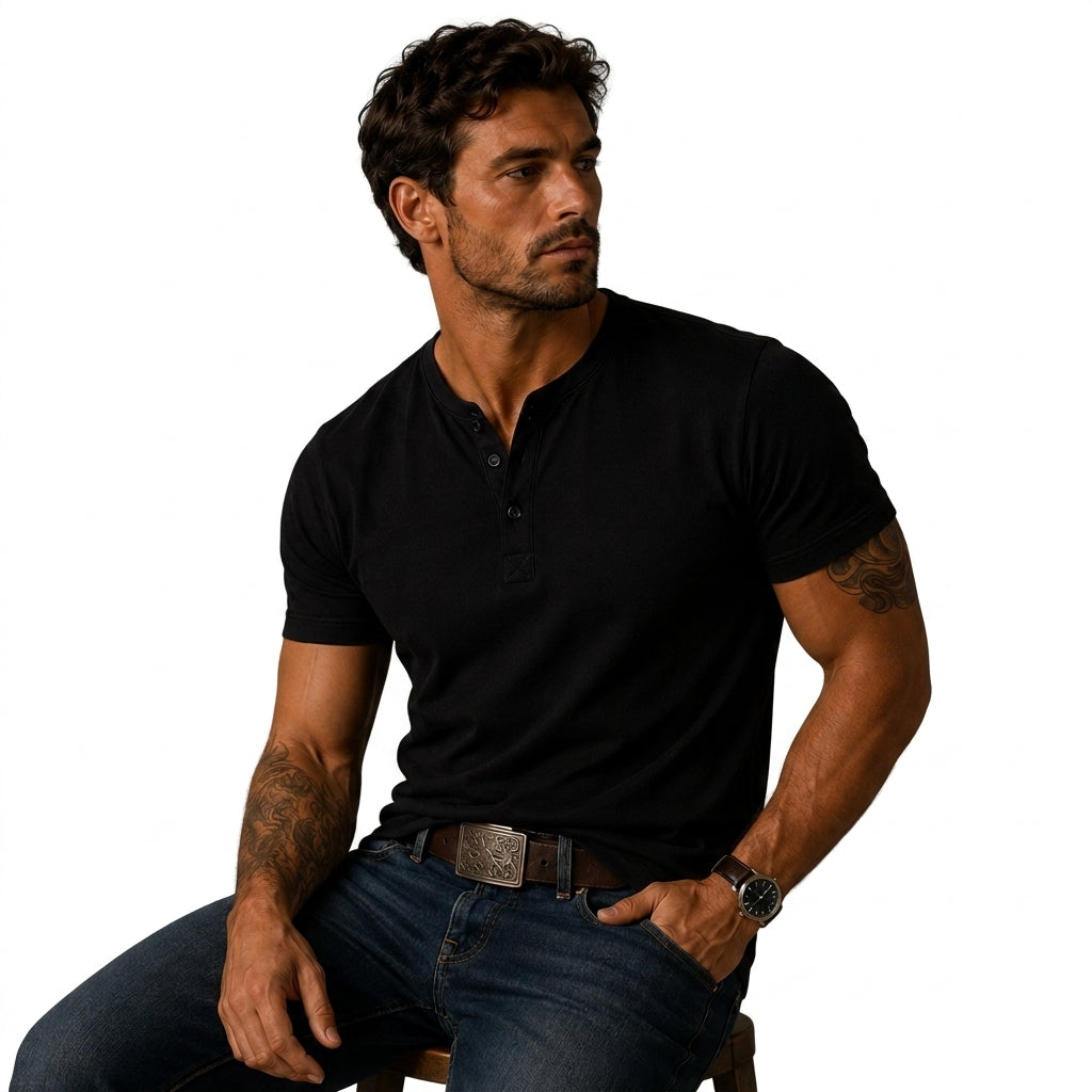 Men's Short-Sleeved Top with Three-Button Placket