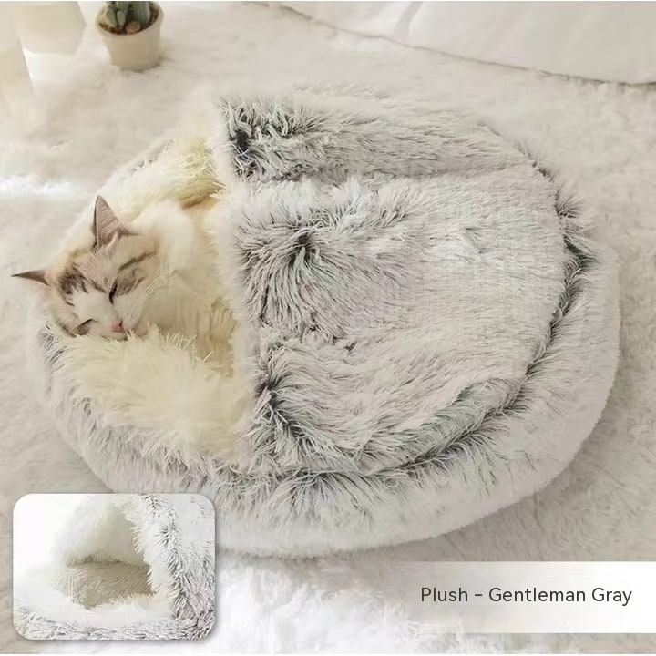 Hooded Cat Bed with Cave Design and Plush Doughnut Shape Enclosed Cosy Pet with Cushioned Rim