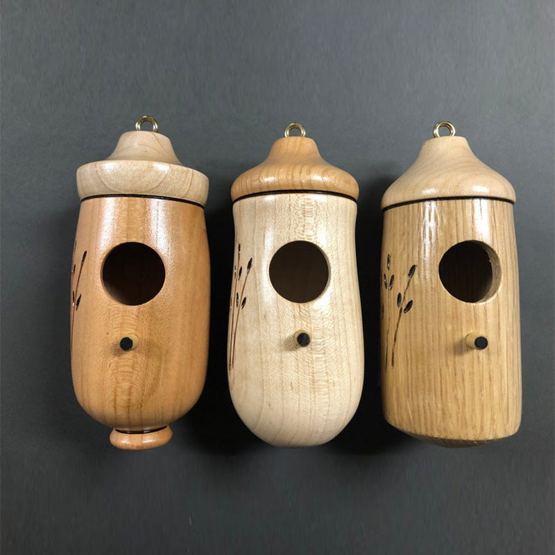 Hummingbird House Wooden Bird Feeder with Hand-Carved Perch and Natural Wood Grain