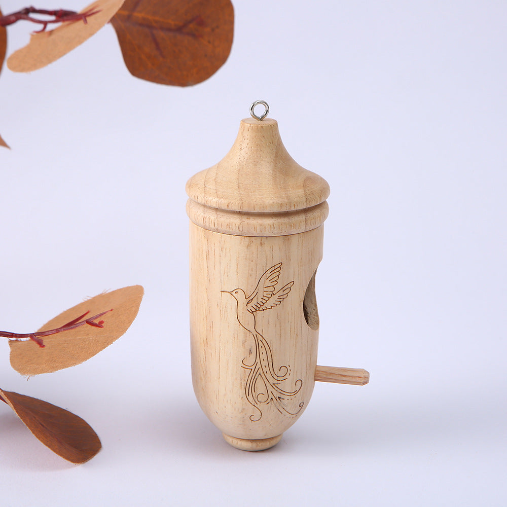 Hummingbird House Wooden Bird Feeder with Hand-Carved Perch and Natural Wood Grain