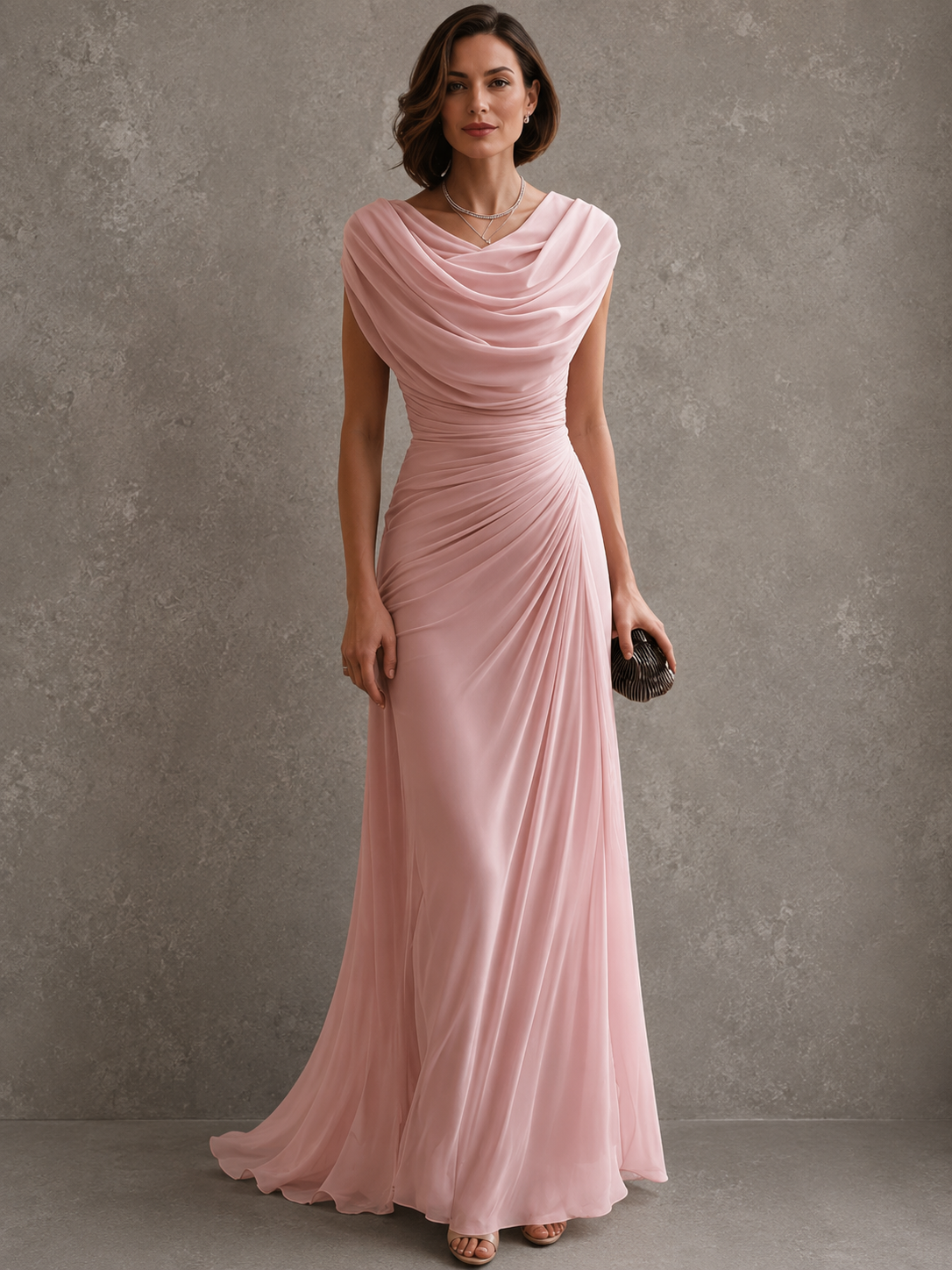 Draped sleeveless maxi dress with flowing floor-length skirt