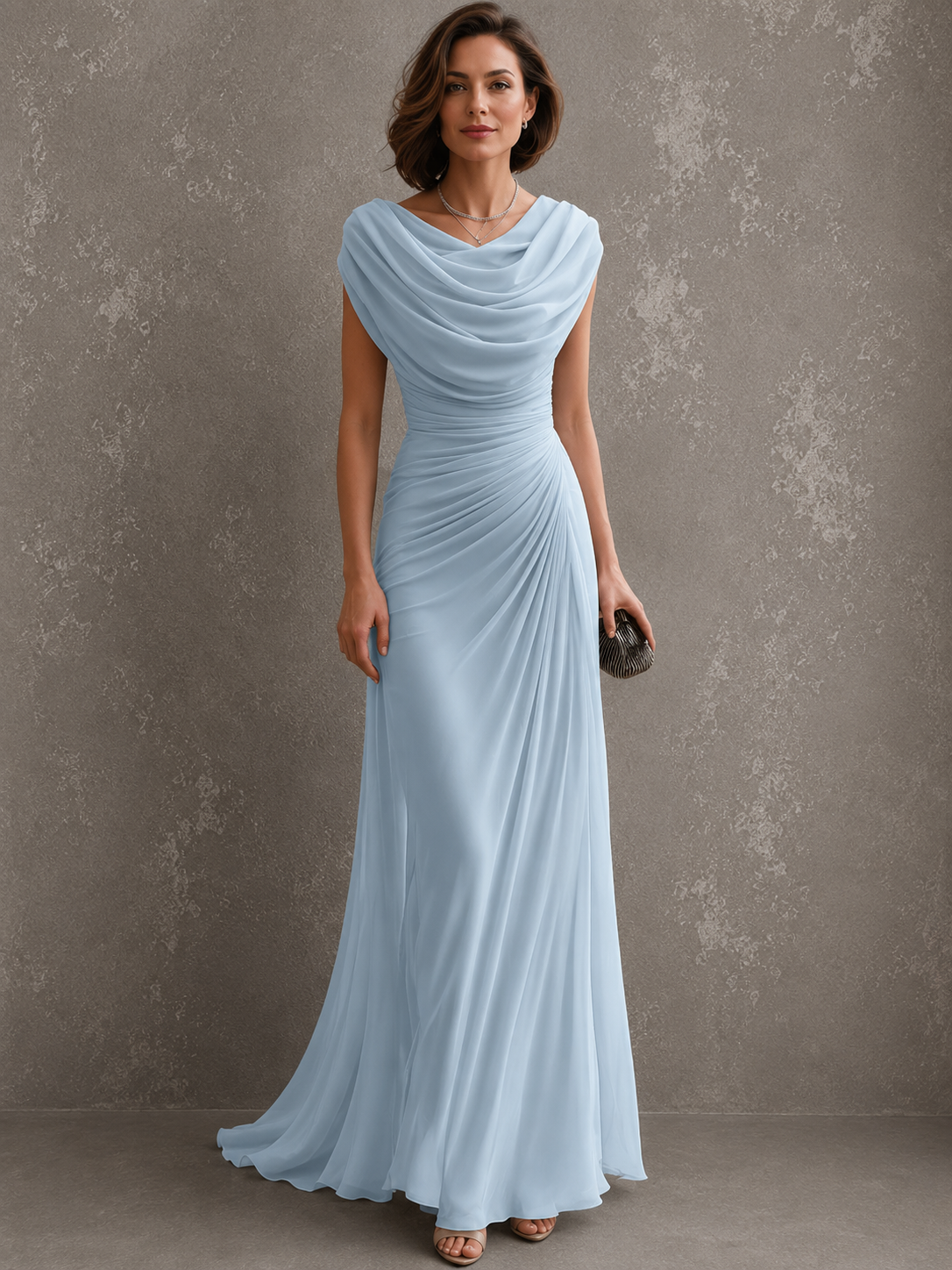 Draped sleeveless maxi dress with flowing floor-length skirt