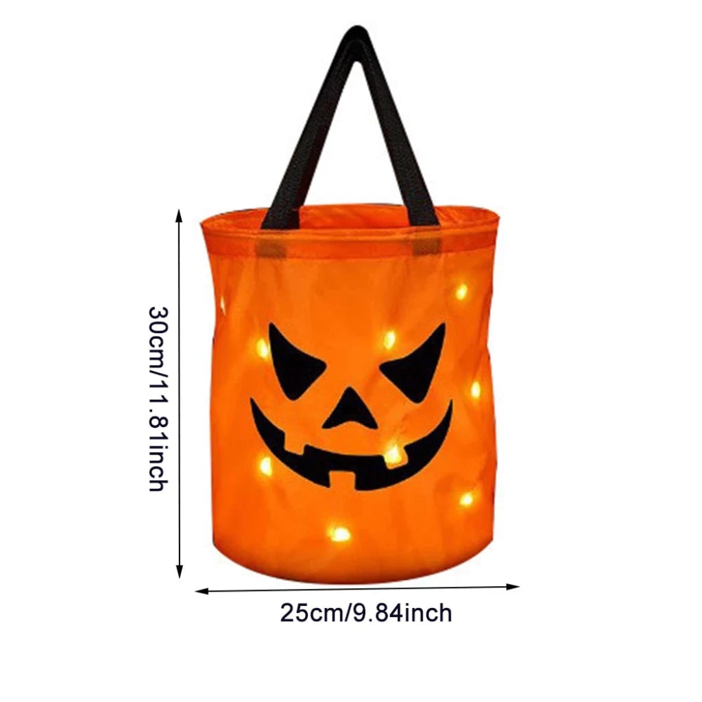 Kids' Halloween Candy Bag and Trick or Treat Reusable with LED Pumpkin Lights and Handles for Party Favour