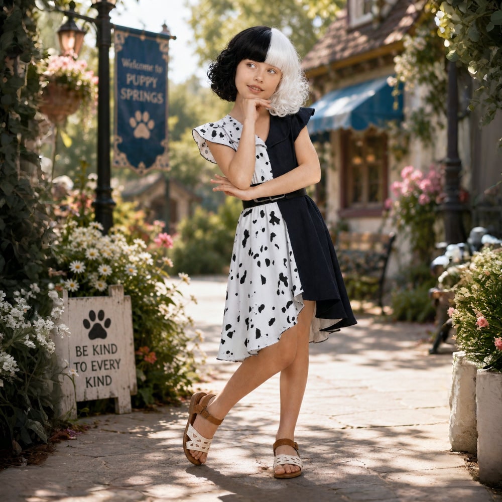 Kids' Halloween Black-and-White Fashion Villain Costume with Dalmatian Cape and Wig for Children