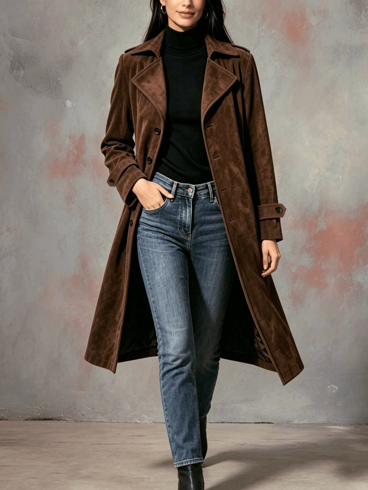 Suede Longline Coat with Lapels for Women