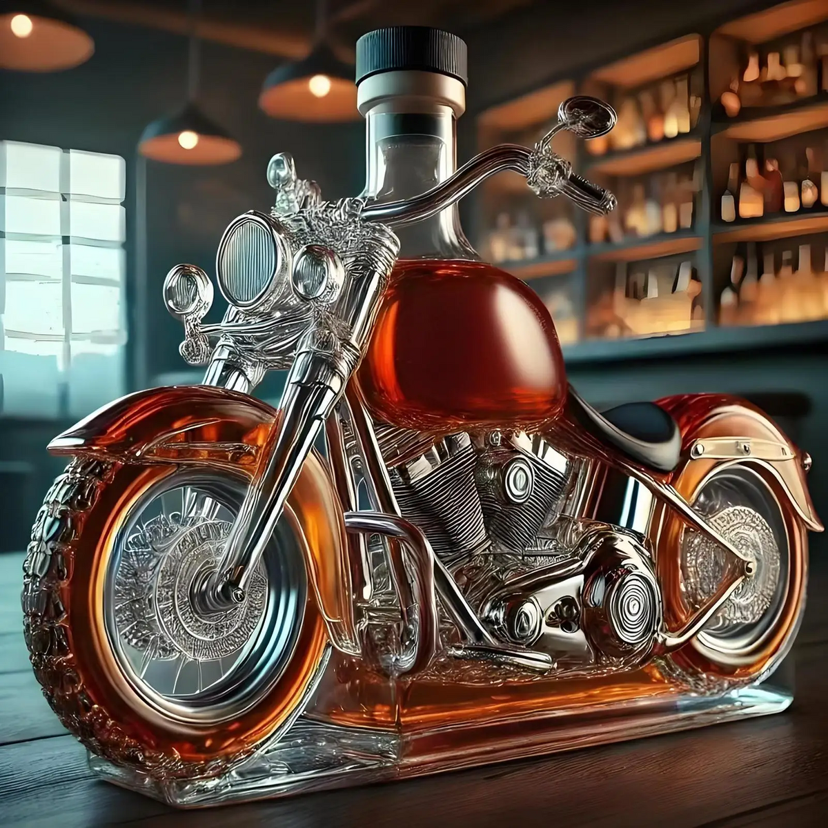 Motorcycle Whiskey Decanter Set with Glass Cruiser Design and Moulded Engine Details