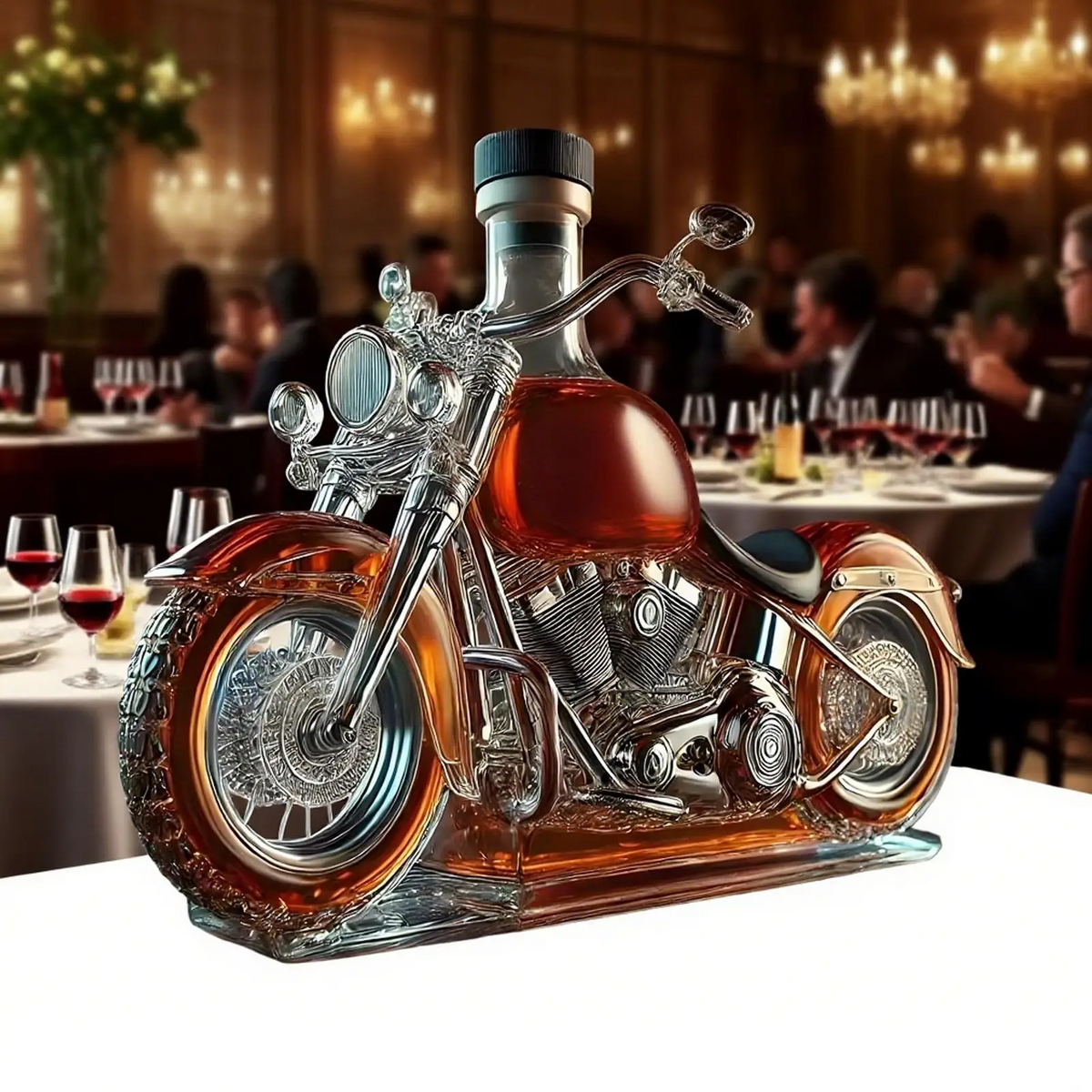 Motorcycle Whiskey Decanter Set with Glass Cruiser Design and Moulded Engine Details