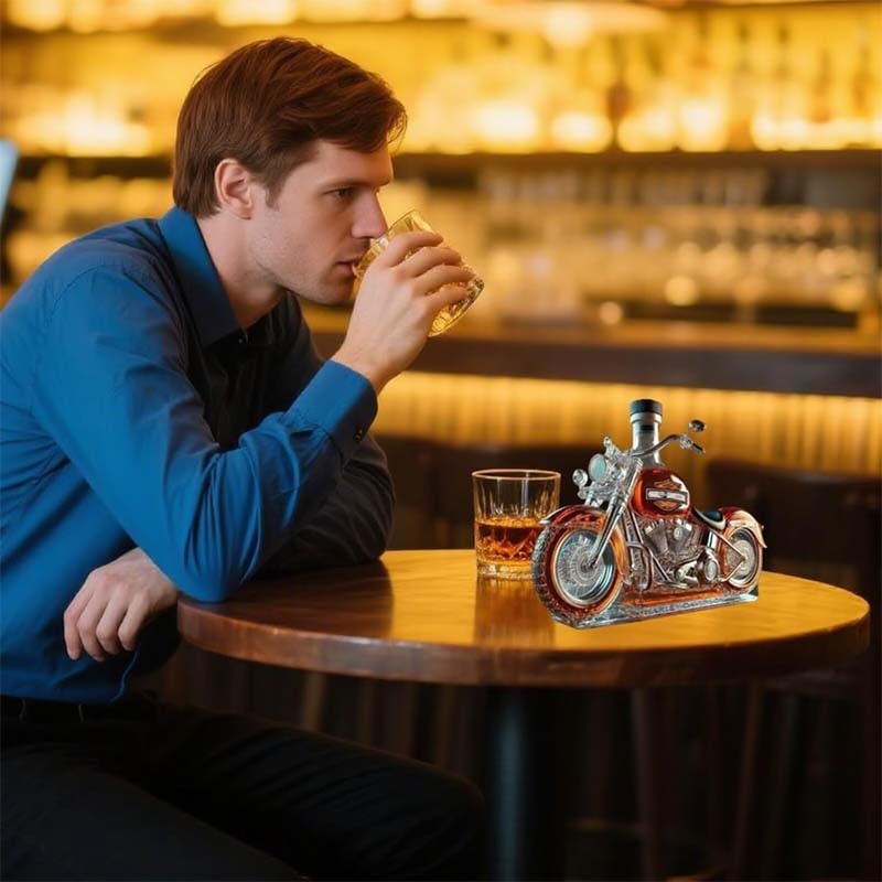 Motorcycle Whiskey Decanter Set with Glass Cruiser Design and Moulded Engine Details