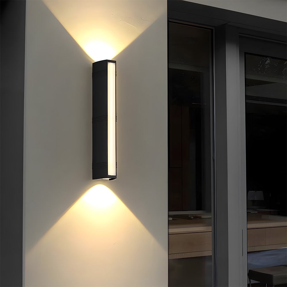 Outdoor Wall Sconce with Up and Down LED Lighting and Modern Architectural Design