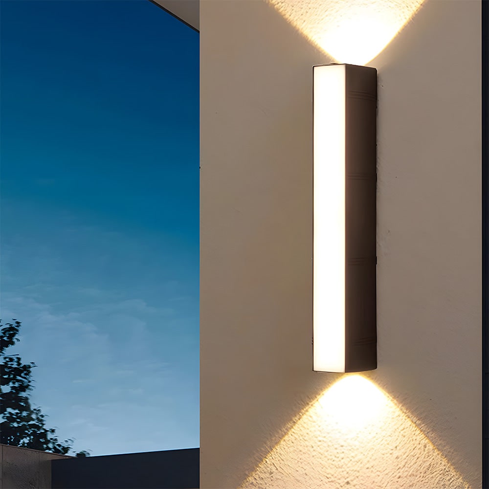 Outdoor Wall Sconce with Up and Down LED Lighting and Modern Architectural Design