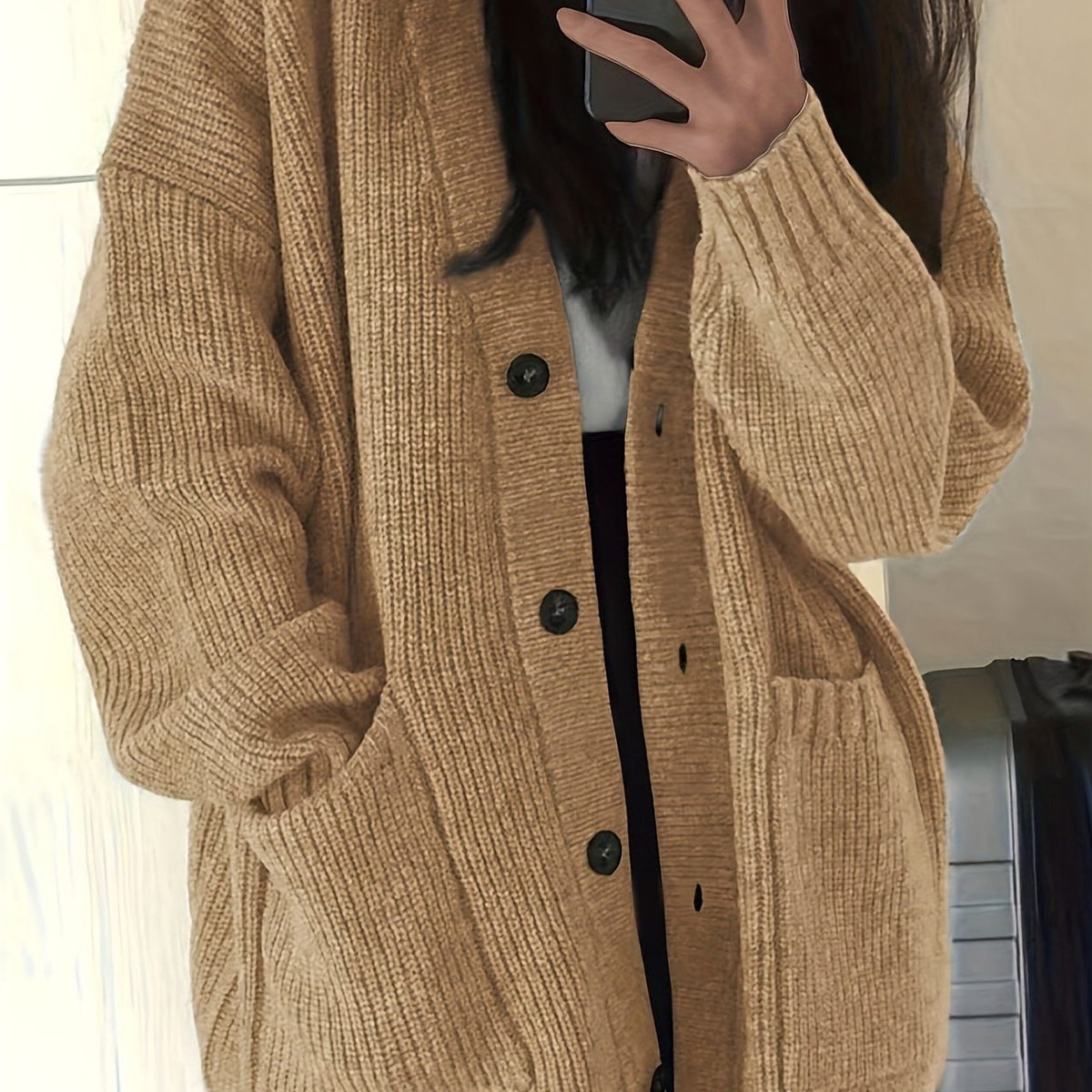 Chunky Knit Oversized Cardigan with Button-Front for Women