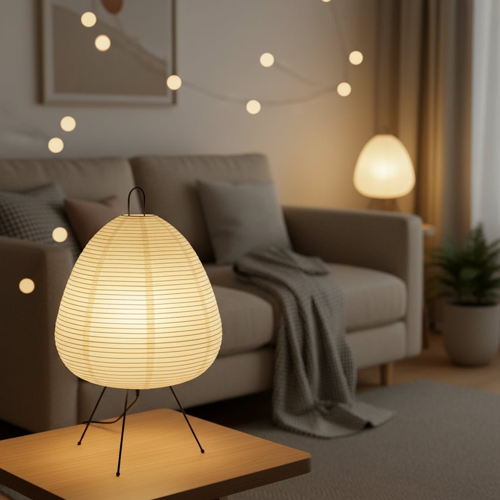 Paper Table Lamp with Tripod Base Japanese Rice Shade and Warm Diffused Light