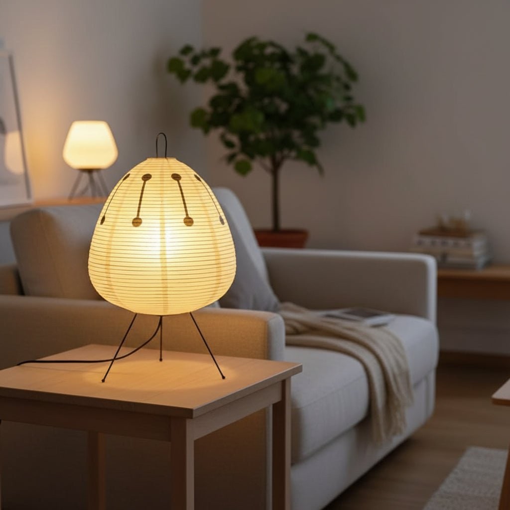 Paper Table Lamp with Tripod Base Japanese Rice Shade and Warm Diffused Light