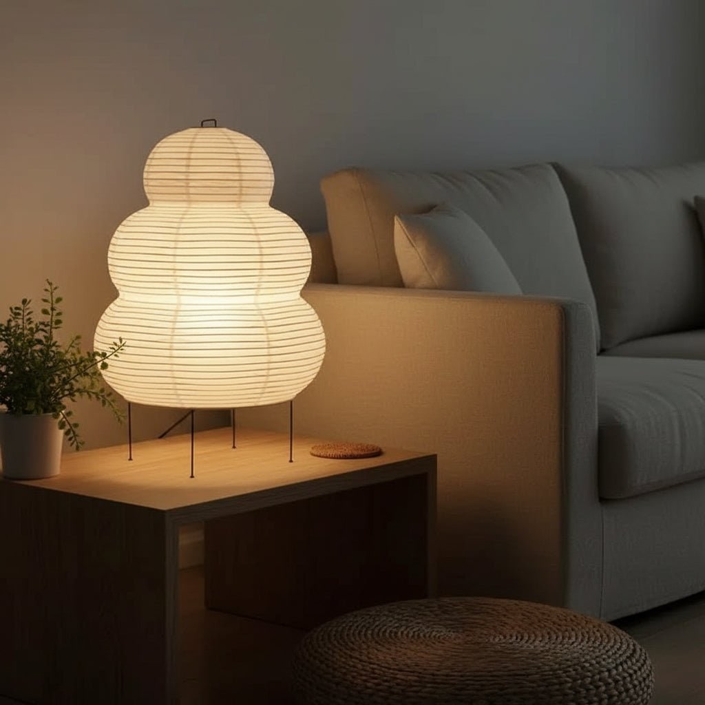 Paper Table Lamp with Tripod Base Japanese Rice Shade and Warm Diffused Light