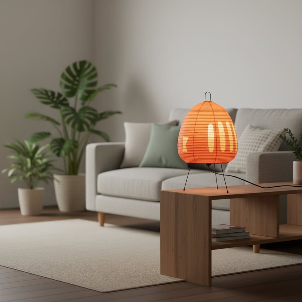 Paper Table Lamp with Tripod Base Japanese Rice Shade and Warm Diffused Light
