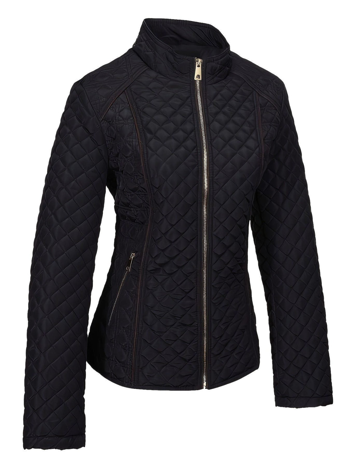 Quilted Jacket with Stand Collar and Zip for Women