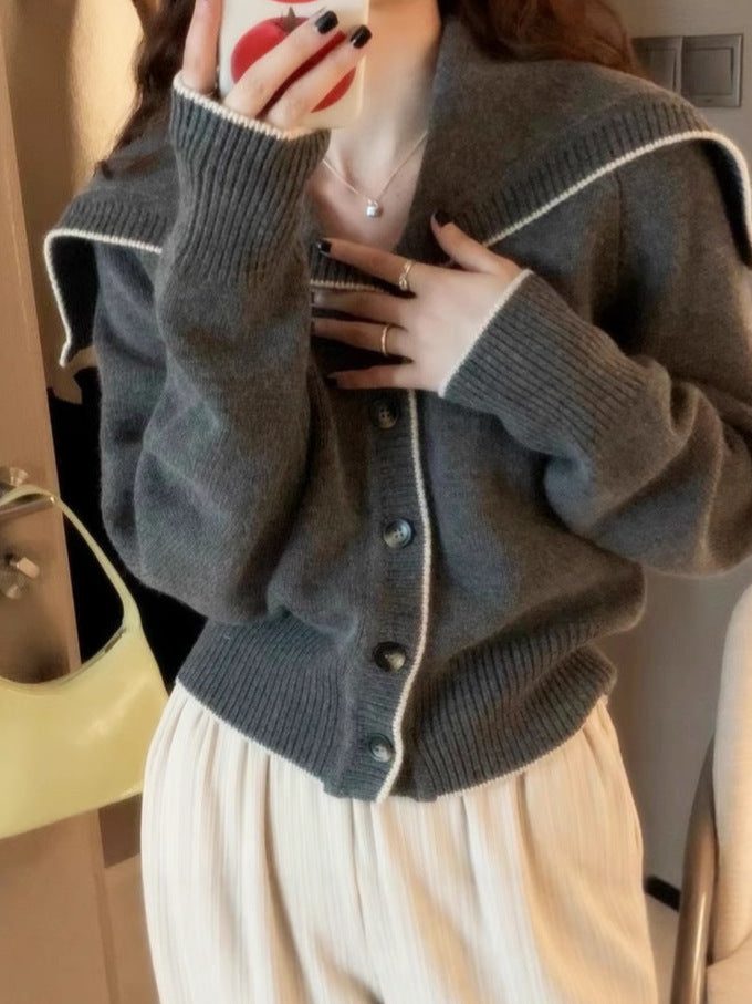 Ribbed Knit Cardigan with Oversized Sailor Collar for Women
