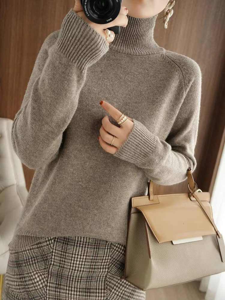Merino Wool Ribbed Knit Sweater with Roll Neck for Women