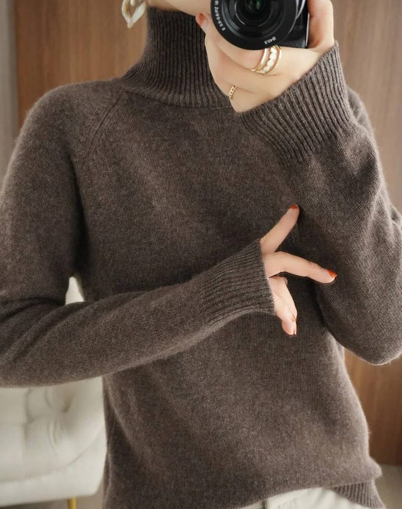 Merino Wool Ribbed Knit Sweater with Roll Neck for Women