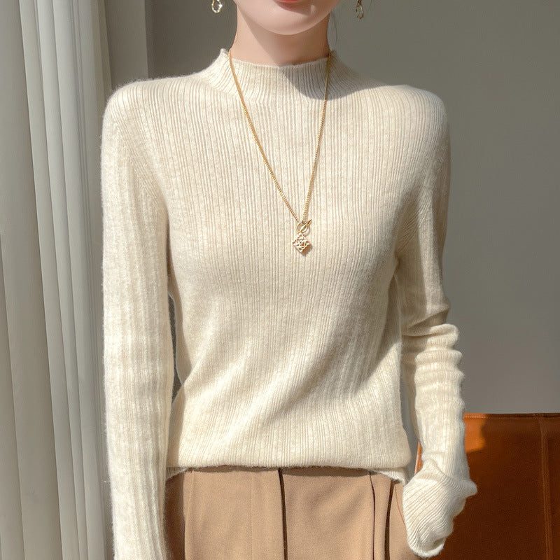 Ribbed Cashmere Sweater with Stand Collar for Women