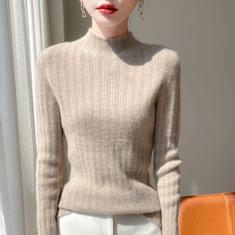 Ribbed Cashmere Sweater with Stand Collar for Women