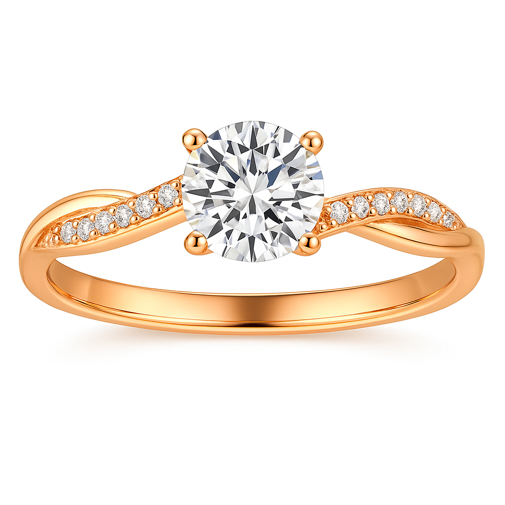 Round Brilliant Twisted Band Solitaire Engagement Ring with Pavé Diamond-Look Accents