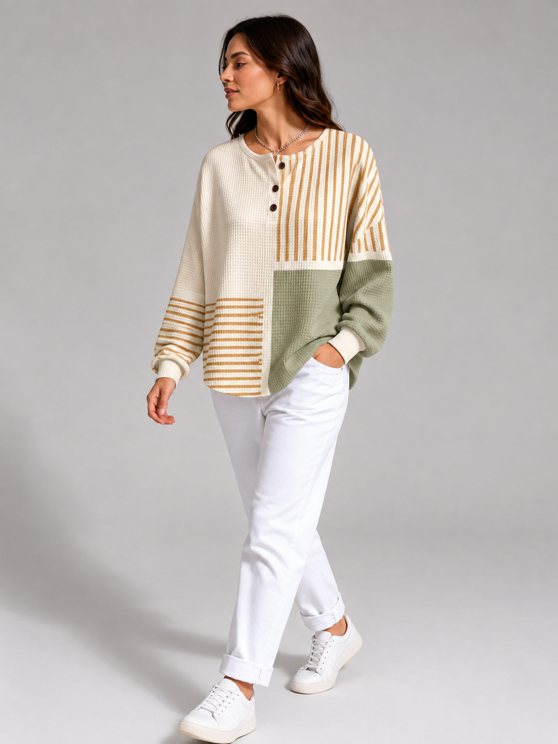 Striped Ribbed Knit Sweater with Button-Up for Women