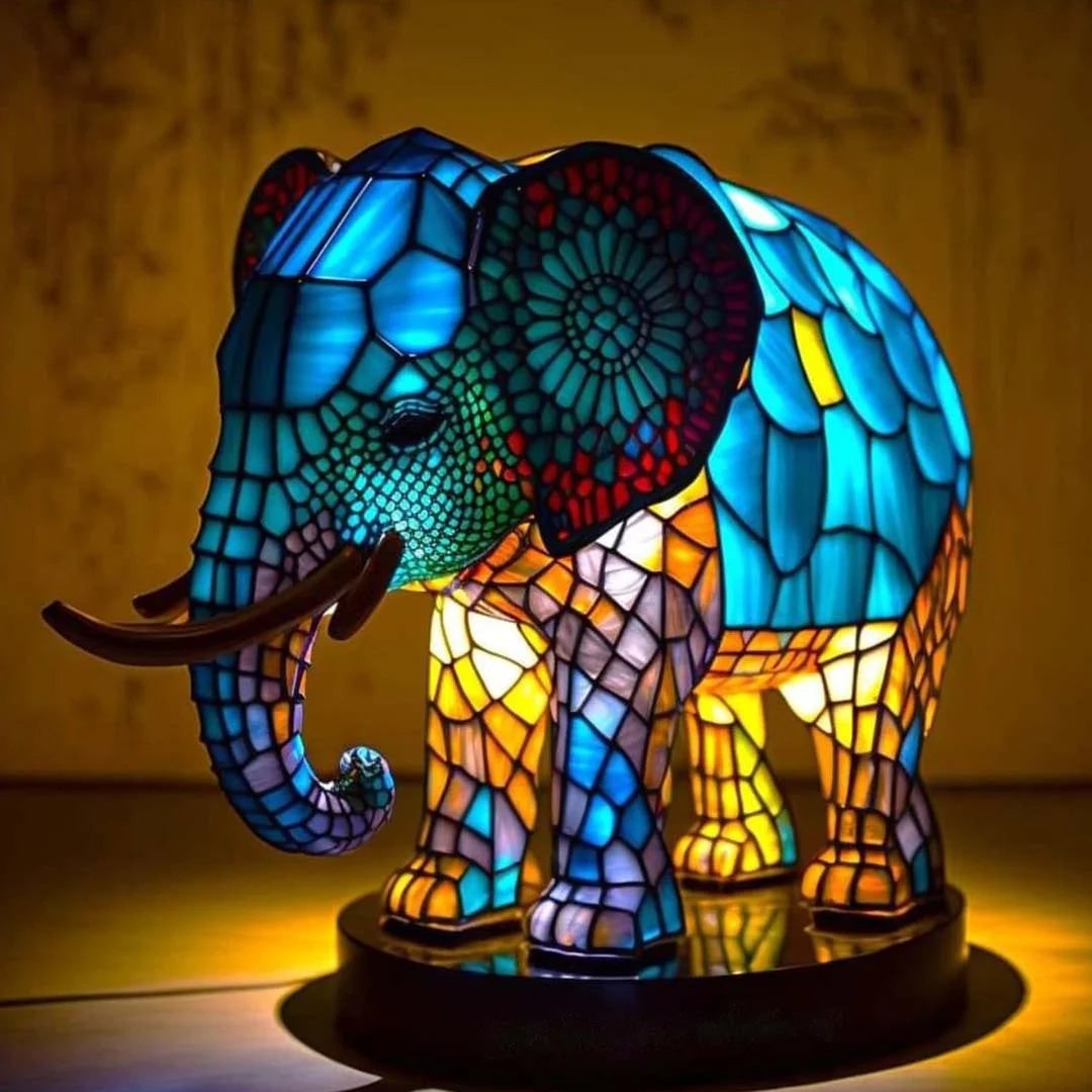Vintage Stained Glass Animal Table Lamp with Mosaic Panels