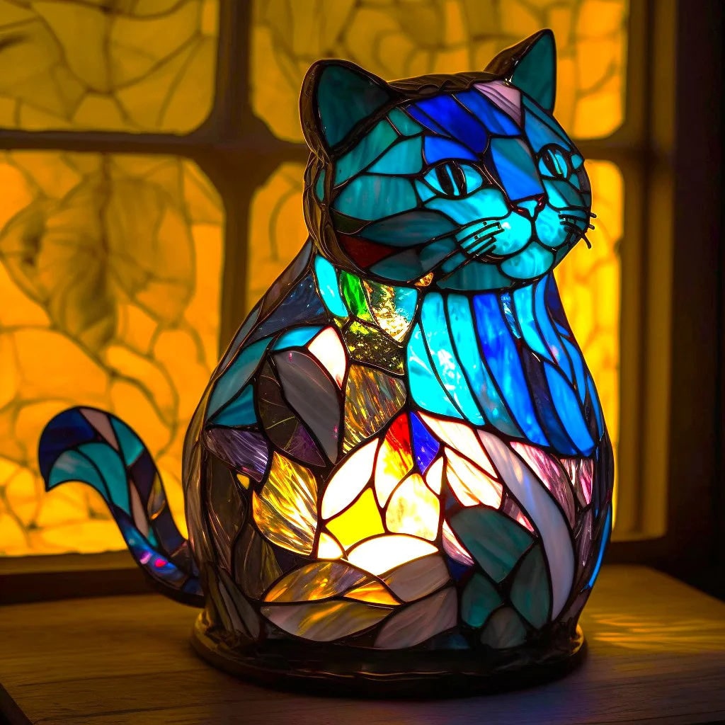 Vintage Stained Glass Animal Table Lamp with Mosaic Panels
