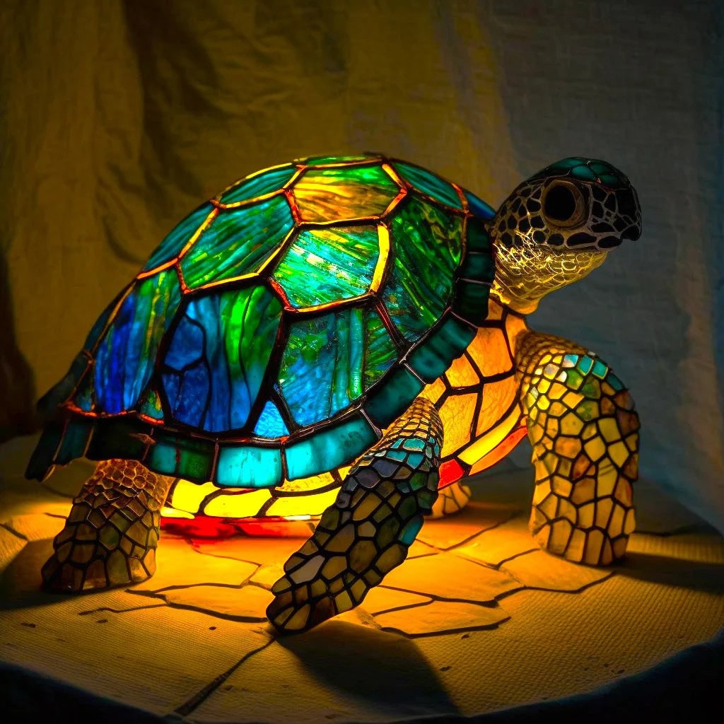 Vintage Stained Glass Animal Table Lamp with Mosaic Panels