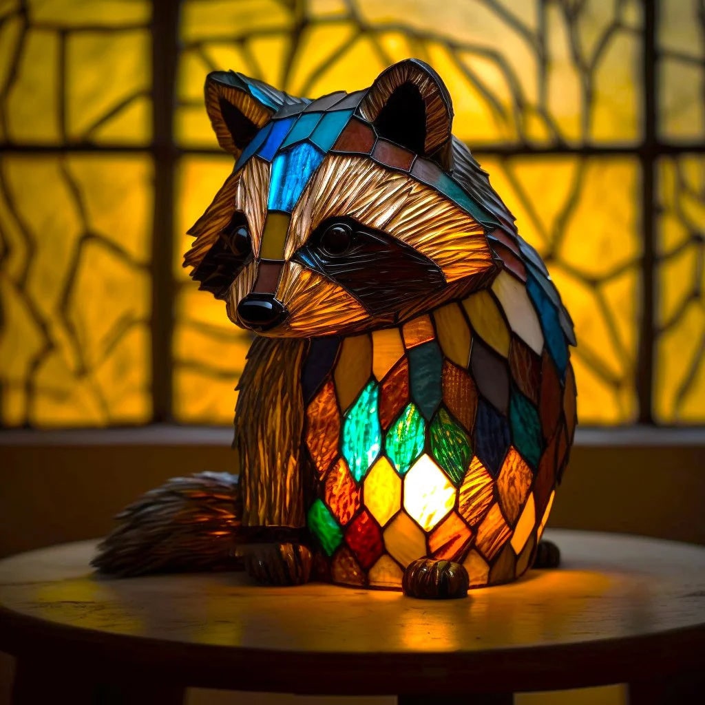 Vintage Stained Glass Animal Table Lamp with Mosaic Panels