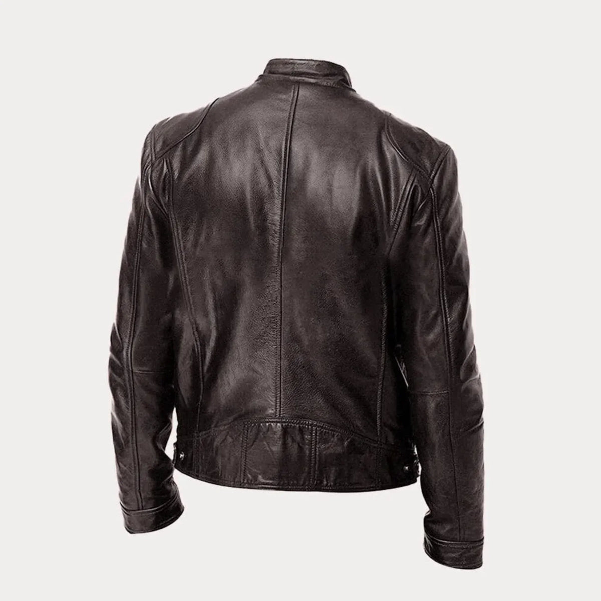Women's black leather zip-front moto jacket with band-collar zip-pocket