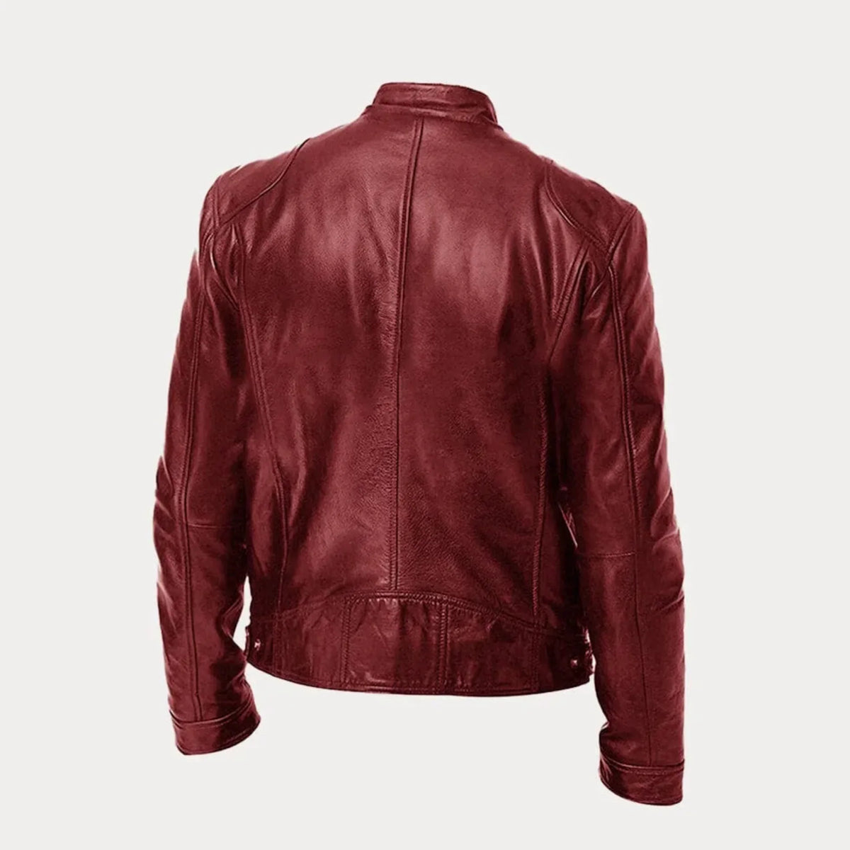 Women's black leather zip-front moto jacket with band-collar zip-pocket