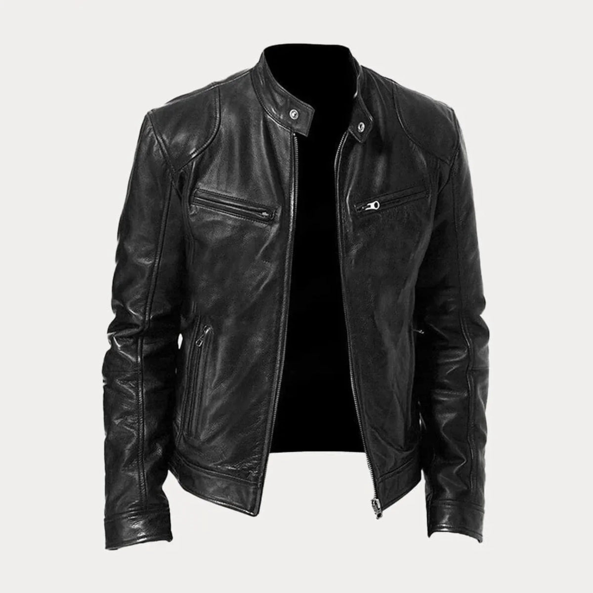 Women's black leather zip-front moto jacket with band-collar zip-pocket