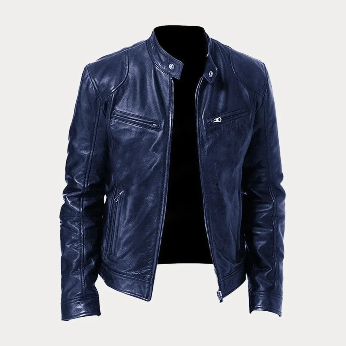 Women's black leather zip-front moto jacket with band-collar zip-pocket