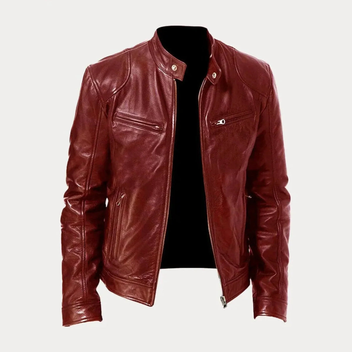 Women's black leather zip-front moto jacket with band-collar zip-pocket
